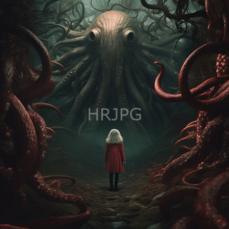 High Resolution: Eerie underwater scene features a white-haired child in a red dress standing before massive tentacles of a central giant octopus download. | HRJPG.com