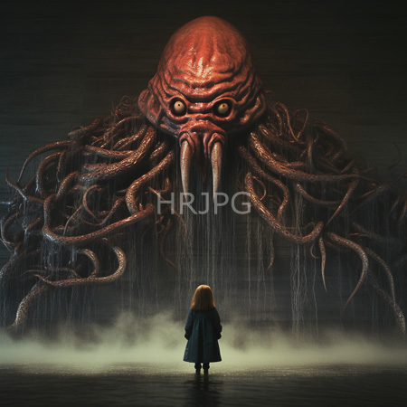 High Resolution: Eerie scene with a small girl in a long blue coat stands facing a towering red tentacled monster resembling Cthulhu with large tusks download. | HRJPG.com