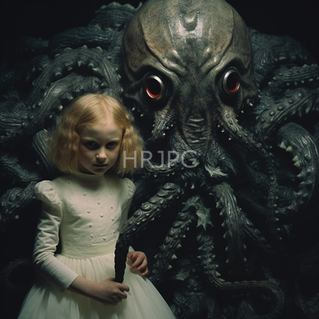 High Resolution: Eerie scene features a blonde-haired young girl in a white dress standing beside a large menacing octopus-like creature with glowing red eyes download. | HRJPG.com