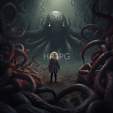 High Resolution: Eerie dark forest scene with glowing eyes of a large tentacled creature and numerous writhing red and black octopus-like creatures download. | HRJPG.com