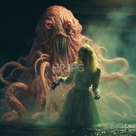 High Resolution: Eerie scene with a pale blonde-haired woman in a Victorian-style dress standing knee-deep in water facing a massive pink octopus-like creature download. | HRJPG.com
