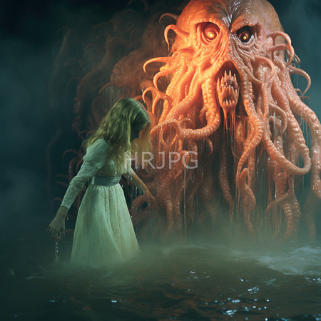 High Resolution: Eerie scene with a young girl in a white dress standing knee-deep in murky water facing a massive orange octopus-like creature emitting glowing light download. | HRJPG.com