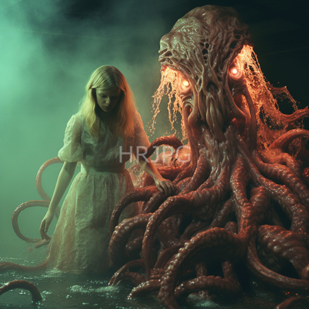 High Resolution: Eerie scene with a glowing tentacled sea creature and a blonde woman in a translucent white dress touching its textured skin download. | HRJPG.com