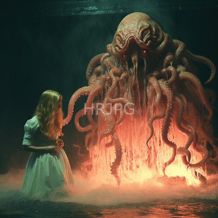 High Resolution: Eerie scene with a blonde girl in a white dress kneeling before a massive tentacled sea monster emitting fiery orange light and glowing red eyes download. | HRJPG.com