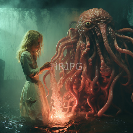 High Resolution: Eerie misty scene where a blonde woman stands beside a massive octopus-like creature holding water pouring from her hands onto its textured skin download. | HRJPG.com