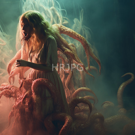 High Resolution: Ethereal pregnant woman with long blonde hair and pale skin stands amidst glowing pink tentacles in misty green light wearing a tattered white dress download. | HRJPG.com