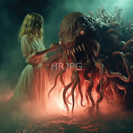 High Resolution: Eerie scene with a blonde woman in a white flowing medieval-style dress touching a monstrous sea creature's tentacles and menacing glowing eyes download. | HRJPG.com