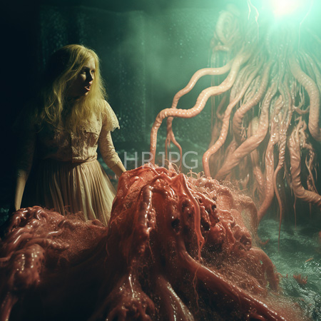 High Resolution: Eerie dim-lit scene features a blonde woman in a vintage lace and chiffon dress standing beside grotesque tentacle-like creatures download. | HRJPG.com