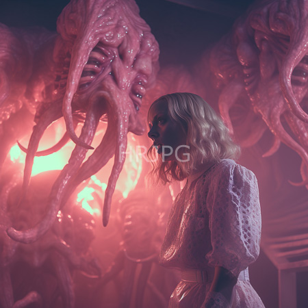 High Resolution: Blonde woman with wavy hair wears an iridescent white lace dress standing facing monstrous tentacled creatures looming around her download. | HRJPG.com