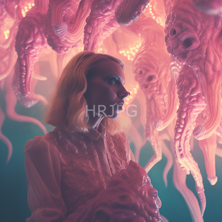 High Resolution: Ethereal blonde woman with wavy hair in soft pink light wearing a translucent lace dress gazing at hanging surrealistic tentacled creatures download. | HRJPG.com
