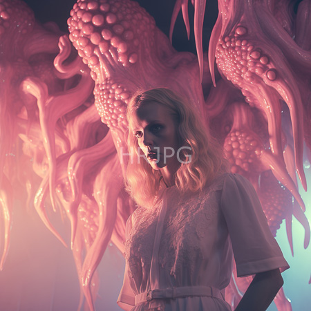 High Resolution: Blonde woman with wavy hair wears an ethereal white lace dress in front of pink tentacle-like organic structures adorned with spherical textures download. | HRJPG.com