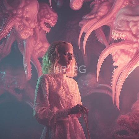 High Resolution: Ethereal blonde woman with wavy hair wears a textured white dress in front of menacing pink and purple alien-like creatures with sharp teeth download. | HRJPG.com