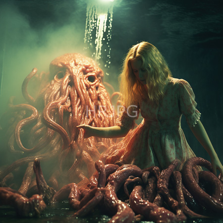High Resolution: Underwater scene with eerie green lighting featuring a blonde woman in a tattered pink dress gently touching a large octopus's tentacles download. | HRJPG.com