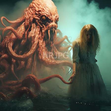 High Resolution: Eerie scene with a terrified young woman in a tattered white dress standing knee-deep in murky water beside a monstrous octopus-like creature download. | HRJPG.com
