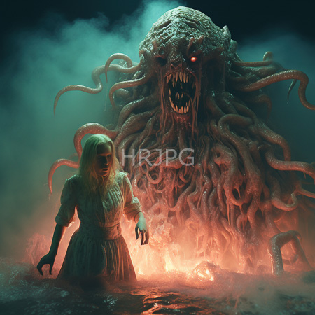 High Resolution: Eerie dark scene with glowing red eyes of a monstrous tentacled creature looming over a pale-skinned woman in a tattered white dress download. | HRJPG.com