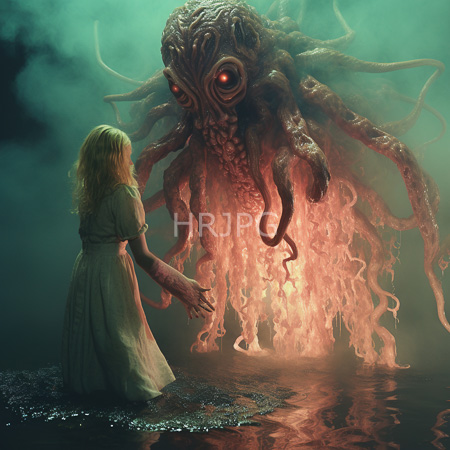 High Resolution: Eerie scene where a blonde woman in a white flowing dress stands knee-deep in dark water facing a massive octopus-like creature with glowing red eyes download. | HRJPG.com