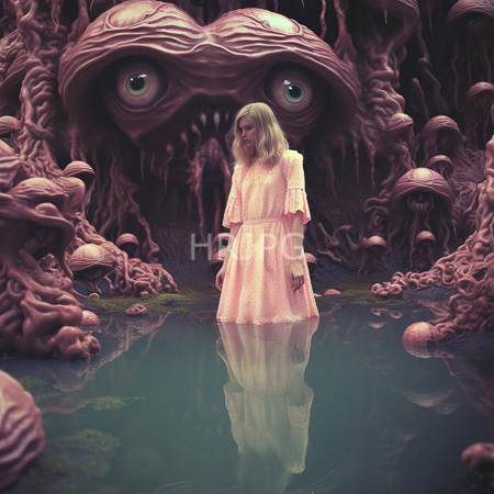 High Resolution: Eerie surreal scene with a blonde woman standing by a reflective water pool amidst twisted fungal growths and large mushroom-like eyes looming download. | HRJPG.com
