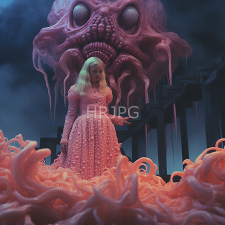 High Resolution: Eerie scene with a blonde woman in a pink textured dress standing before a giant tentacled monster and dark ruins with writhing orange tendrils download. | HRJPG.com