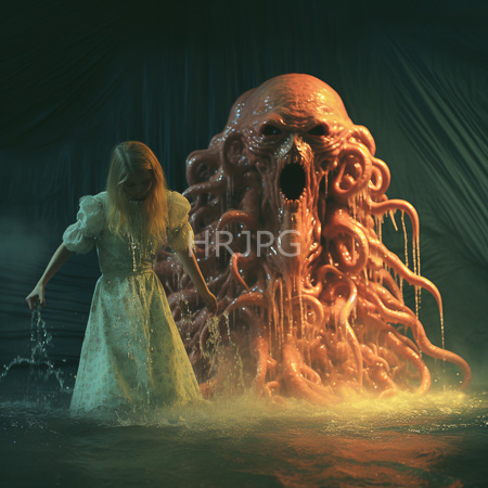 High Resolution: Dark fantasy scene features an eerie tentacled monster with glowing orange skin and menacing fangs behind a frightened blonde woman download. | HRJPG.com