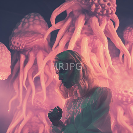 High Resolution: Ethereal blonde woman with wavy hair in soft focus against glowing pink and purple alien-like jellyfish creatures in translucent clothing download. | HRJPG.com