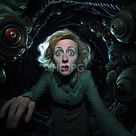 High Resolution: Alarmed woman with wavy blonde hair and wide blue eyes in a green dress reaching outwards from within a dark swirling tunnel of metallic eyeballs download. | HRJPG.com