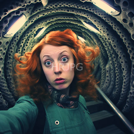 High Resolution: Pale-skinned red-haired woman with curly hair and a wide-eyed expression taking a selfie in a metallic tunnel-like structure download. | HRJPG.com