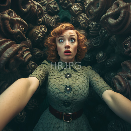 High Resolution: Alarmed fair-skinned woman with curly red hair and wide blue eyes reaching outwards towards viewers in shock or fear wearing a green dress download. | HRJPG.com