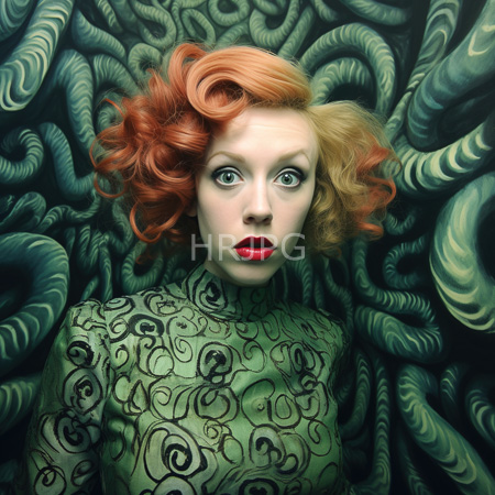 High Resolution: Pale-skinned woman with curly half-red and blonde hair against a swirling green tentacle-like background wearing an intricate emerald dress download. | HRJPG.com