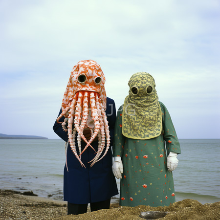 High Resolution: Two people standing on a sandy beach wearing elaborate sea creature masks one with an orange octopus mask and the other in a green robe download. | HRJPG.com