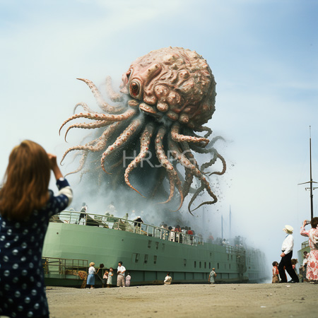 High Resolution: Enormous realistic octopus with textured skin and multiple tentacles rising from behind green military-style buildings on sandy ground download. | HRJPG.com