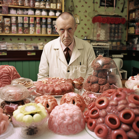 High Resolution: Elderly bald man in a cream-colored jacket standing behind a bakery counter filled with various pastries including pink-glazed donuts download. | HRJPG.com