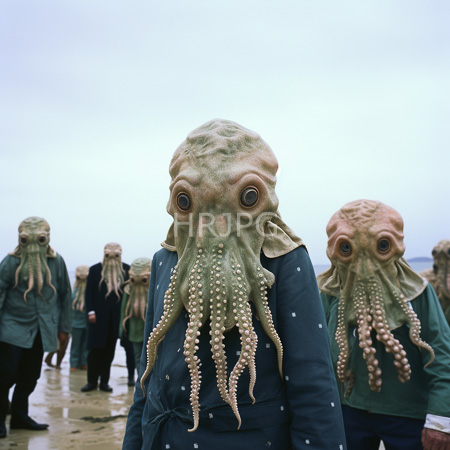 High Resolution: Six people wearing realistic octopus masks with large round eyes and detailed tentacles over dark green suits stand on wet sand download. | HRJPG.com
