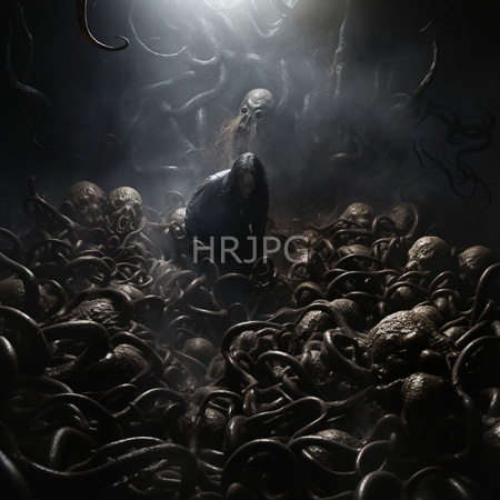 High Resolution: Dark scene with numerous grotesque human skulls and twisted tentacles filling the frame a skeletal figure in tattered black clothing stands centered download. | HRJPG.com