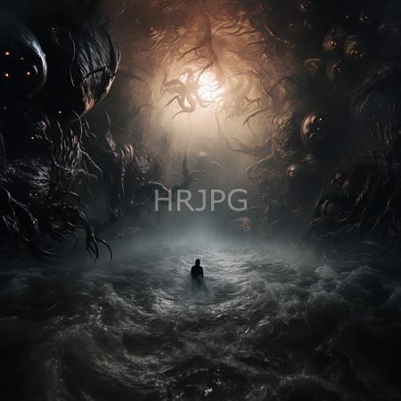 High Resolution: Eerie dark underwater scene with turbulent water a solitary human figure stands in front of menacing tentacled creatures looming from all sides download. | HRJPG.com