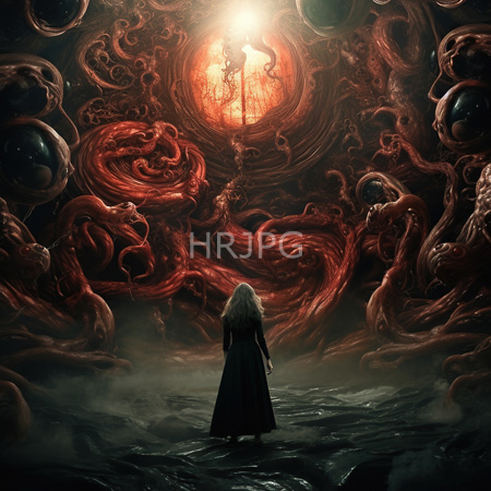 High Resolution: Eerie dark scene with swirling red tentacles and grotesque creatures surrounding a glowing orange sun with a lone figure in black robes download. | HRJPG.com
