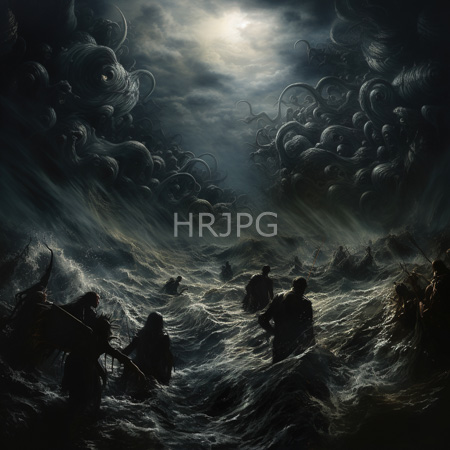 High Resolution: Dark fantasy painting depicts stormy waters with silhouetted figures in medieval clothing struggling against turbulent waves and swirling tentacles download. | HRJPG.com
