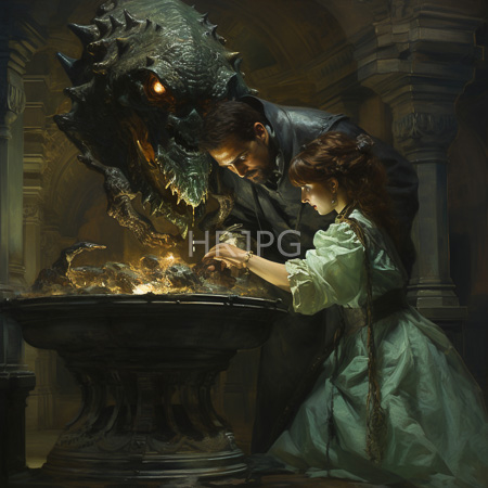 High Resolution: Dark detailed oil painting depicts a young woman in a green dress closely examining glowing bones beside a menacing dragon-like creature download. | HRJPG.com