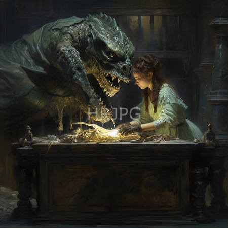High Resolution: Dark detailed painting depicts a young woman in a green dress tending to glowing bones beside a large menacing dragon-like creature with bared teeth download. | HRJPG.com