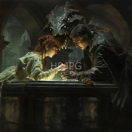 High Resolution: Dark gothic-style painting depicts two figures holding hands over a glowing light atop stone pillars while a menacing creature looms download. | HRJPG.com