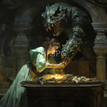 High Resolution: Dark detailed painting depicts a young woman in a light green dress interacting closely with a menacing dragon-like creature gently touching its scales download. | HRJPG.com