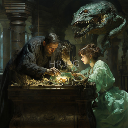 High Resolution: Dark detailed painting depicts two figures one male examining artifacts facing a menacing dragon head suspended above them from chains download. | HRJPG.com
