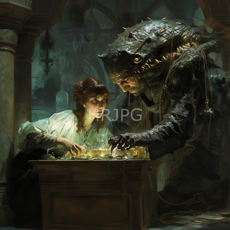 High Resolution: Dark atmospheric painting depicts a frightened young woman in white medieval attire facing a monstrous creature resembling Gollum with scaly skin download. | HRJPG.com