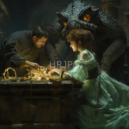 High Resolution: Dark detailed oil painting depicts an elderly man playing chess against a young woman while a menacing dragon-like creature looms download. | HRJPG.com