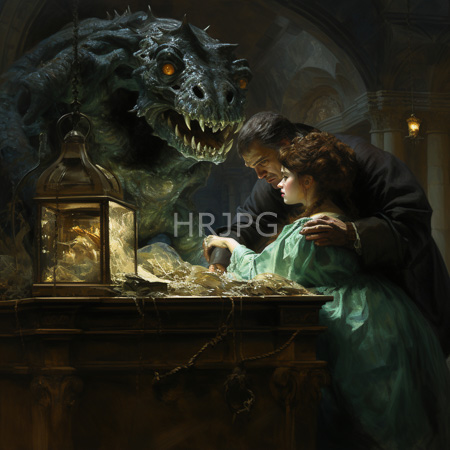 High Resolution: Dark atmospheric painting depicts a man and curly-haired woman examining glowing objects on a table while a menacing dragon-like creature looms over them download. | HRJPG.com