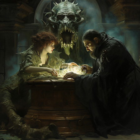 High Resolution: Dark atmospheric painting depicts two figures one with curly red hair focusing on glowing crystals they hold over a wooden pedestal download. | HRJPG.com
