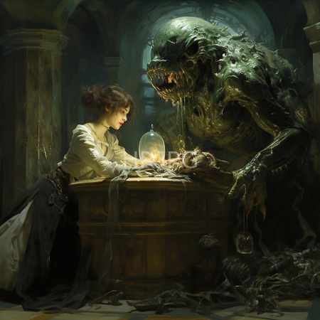 High Resolution: Dark atmospheric painting depicts a young woman examining bones under soft candlelight while a grotesque green monster dripping slime looms over her download. | HRJPG.com