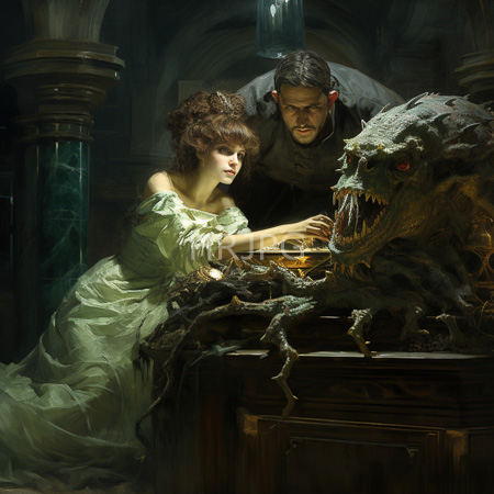 High Resolution: Dark dramatic painting depicts an elegant woman examining a large skeletal dragon's skull on display within Gothic architecture columns download. | HRJPG.com