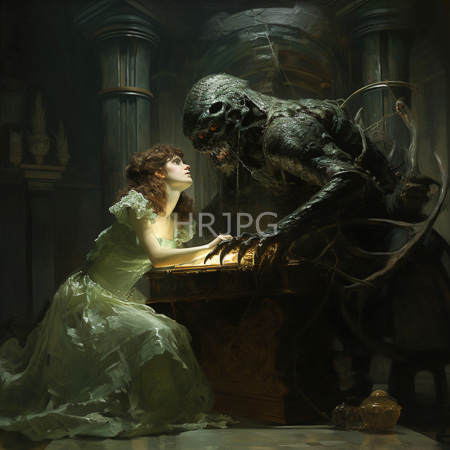 High Resolution: Dark dramatic oil painting depicts an ethereal woman in a translucent green gown kneeling before a grotesque monster reaching out to touch its clawed hand download. | HRJPG.com