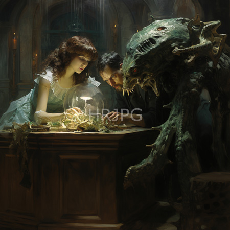 High Resolution: Dark atmospheric painting depicts an ethereal woman examining glowing plants under glass beside two men while a monstrous creature looms download. | HRJPG.com