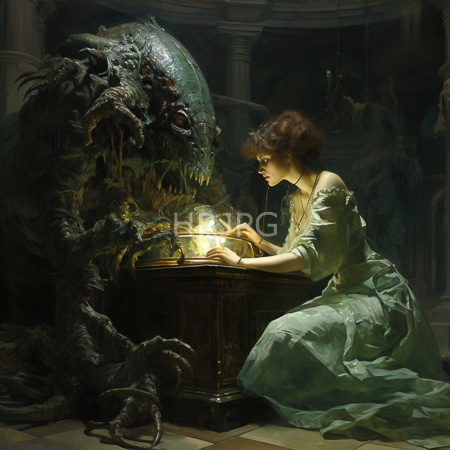 High Resolution: Dark detailed oil painting depicts an eerie scene where a pale-skinned woman kneels beside a monstrous creature resembling Giger's Xenomorph design download. | HRJPG.com